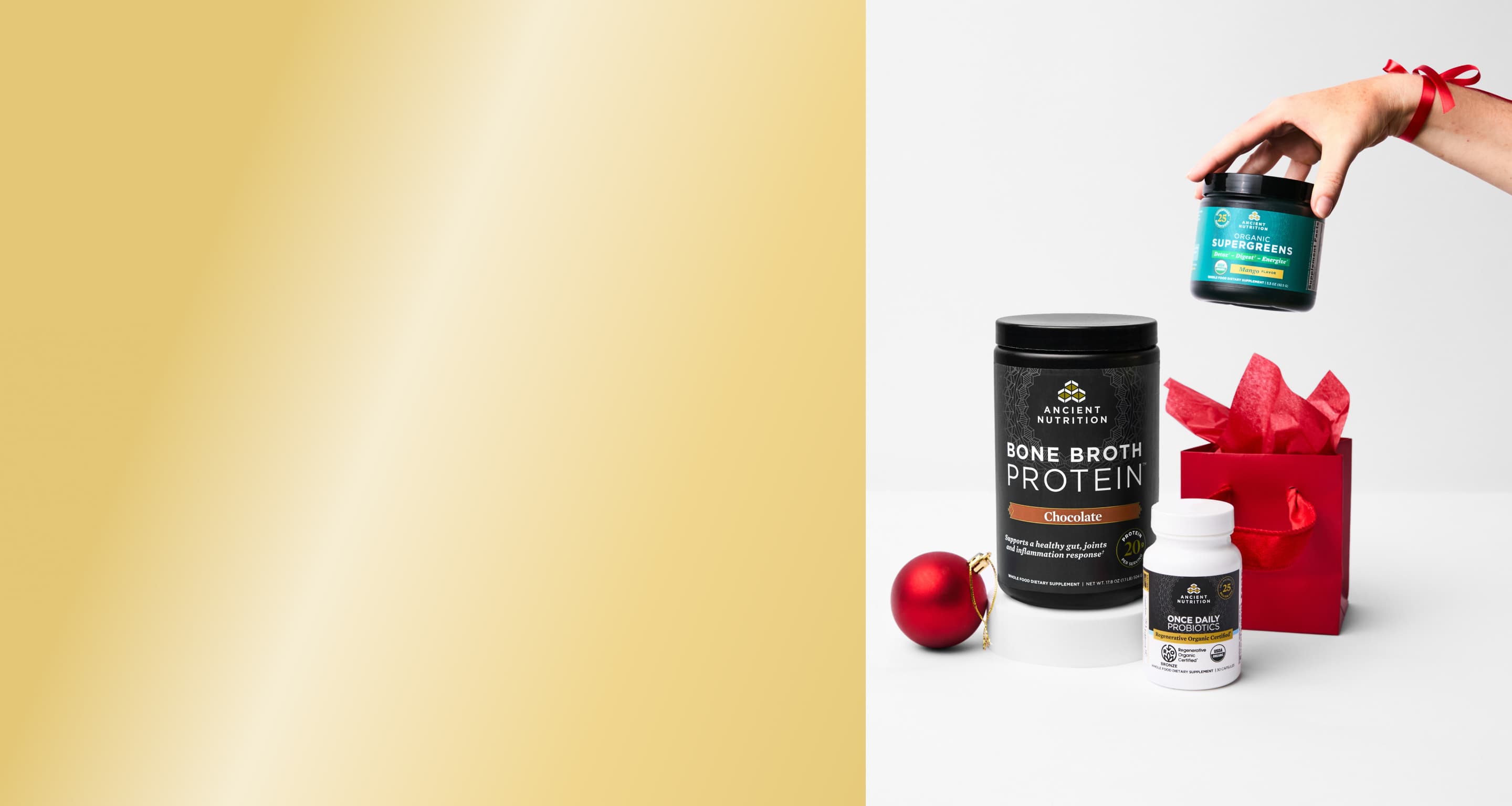 3 bottles of ancient nutrition product with a red holiday box